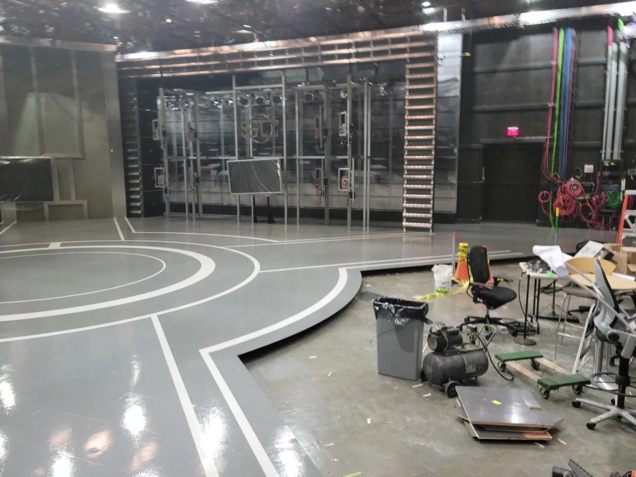 Wide view of the studio floor and set during the fit-out